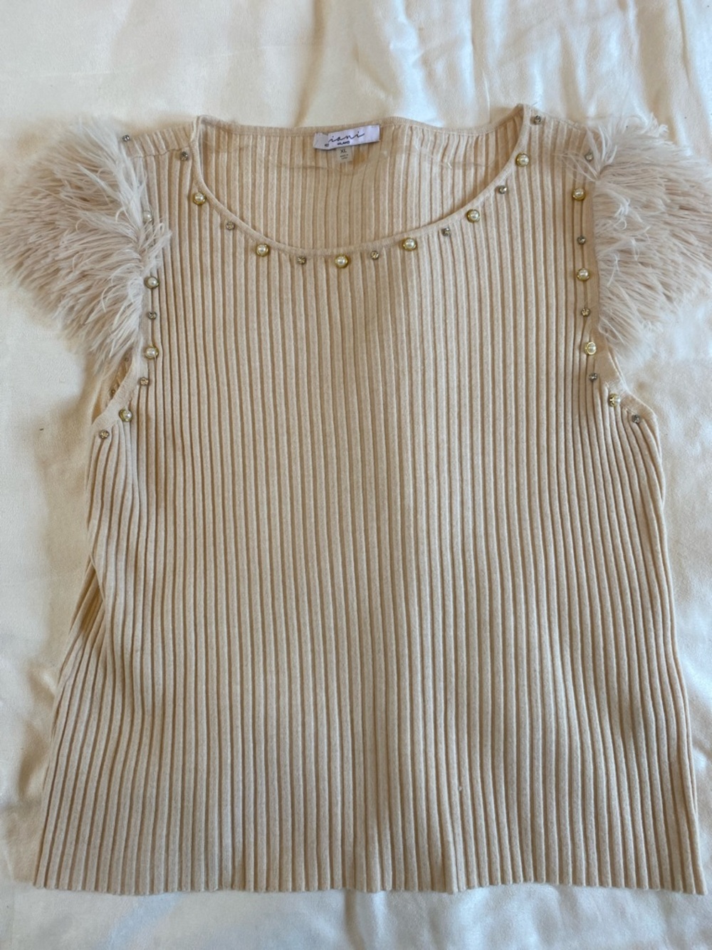 Milano Beige Ribbed Top with Feather Trim